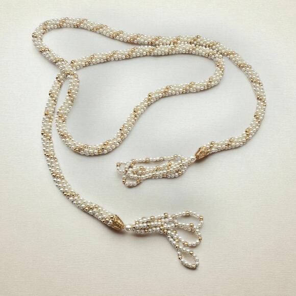 Pearl Beaded Tassel Necklace Long Rope Flapper Style Vintage Jewelry - Picture 4 of 8